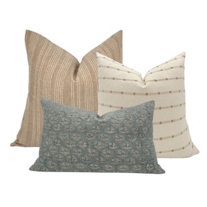 PILLOW COMBO || Set Of Three Designer Pillow Covers, Brown Stripes, Cream and Rust Stripes, Linen Blue Floral