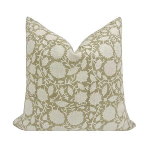 IRIS || Designer Floral Linen Pillow Cover, Light Olive Green Floral Pillow Cover, Block Print Linen Pillow, Floral Pillow