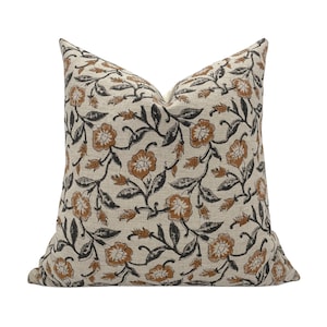 AXTON || Designer Floral Linen Pillow Cover, Black and Rust Floral, Textured Neutral, Designer Pillow, Linen Pillow, Block Print Pillow,