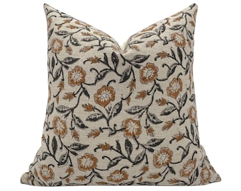 AXTON || Designer Floral Linen Pillow Cover, Black and Rust Floral, Textured Neutral, Designer Pillow, Linen Pillow, Block Print Pillow,