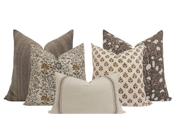 SOFA PILLOW COMBO || Set Of Five Designer Pillow Covers, Neutral Pillow Combo, Sofa Pillow Combo, Sectional Pillow Set, Pillow Combo
