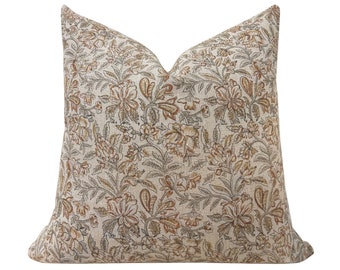LORELIA || Designer Floral Linen Pillow Cover, Green and Rust Floral, Block Print Pillow, Neutral Pillow, Neutral Floral Pillow