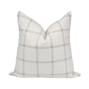ELLA  || White Check Pillow Cover, Gray Stripe Windowpane, Ivory White Gray, Modern Farmhouse Decor | 14x20
