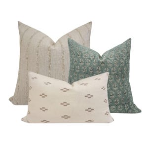 PILLOW COMBO || Set Of Three Pillow Covers, Cream Woven Striped, Blue Linen Floral,  Cream Pillow, Sofa Pillow Set, Pillow Combo