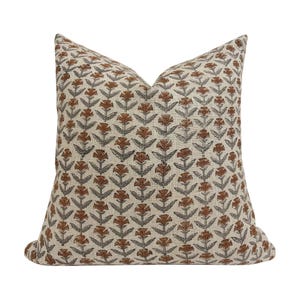 OTIS || Designer Floral Linen Pillow Cover,  Rust and Sage Floral Pillow Cover, Block Print Linen Pillow, Small Floral Pillow, Fall Pillow