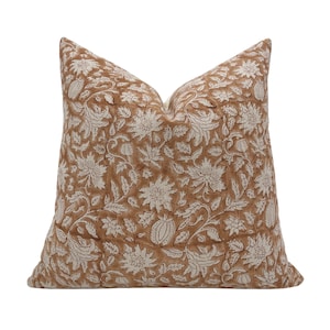 VANESSA || Designer Floral Linen Pillow Cover, Soft Rust Handblock Pillow, Block Print Pillow, Neutral Home Decor, Rust Floral Pillow