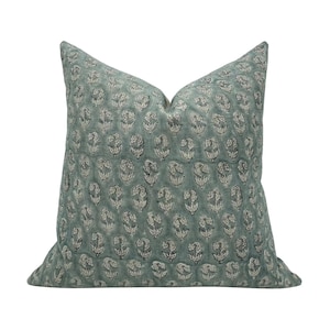 DAPHNE || Designer Floral Linen Pillow Cover, Greenish Blue Coastal Blue Pillow, Hand Block Print Pillow, Block Linen Pillow