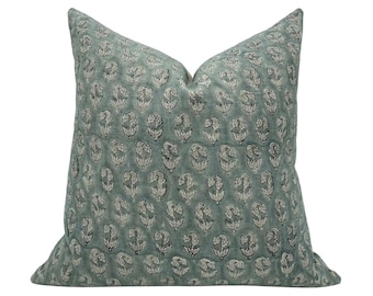 DAPHNE || Designer Floral Linen Pillow Cover, Greenish Blue Coastal Blue Pillow, Hand Block Print Pillow, Block Linen Pillow