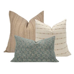 PILLOW COMBO || Set Of Three Designer Pillow Covers, Brown Stripes, Cream and Rust Stripes, Linen Greenish Blue Floral