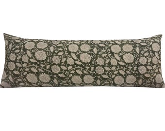 HENRY || Designer Floral Linen Pillow Cover, Green Floral Pillow Cover, Block Print Linen Pillow, Lumbar