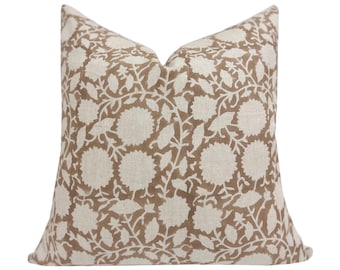 LENNOX || Designer Floral Linen Pillow Cover, Light Brown Floral Pillow Cover, Block Print Linen Pillow, Floral Pillow, Taupe Pillow