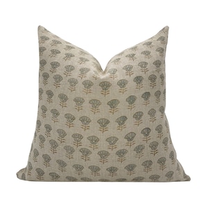 TIANA || Designer Floral Linen Pillow Cover, Dusty Blue Floral Pillow Cover, Taupe Block Print Pillow, Block Linen Pillow