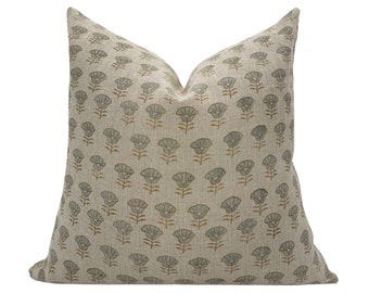 TIANA || Designer Floral Linen Pillow Cover, Dusty Blue Floral Pillow Cover, Taupe Block Print Pillow, Block Linen Pillow