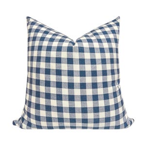 May include: A square pillow with a blue and white checkered pattern. The pillow has a classic gingham design, with a soft, textured appearance. The pillow is a decorative item for a bed or sofa.