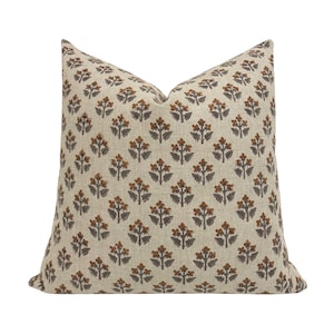 MARGO || Designer Floral Linen Pillow Cover, Brown and Sage Floral Pillow Cover, Block Print Linen Pillow, Small Floral Pillow