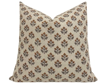 MARGO || Designer Floral Linen Pillow Cover, Brown and Sage Floral Pillow Cover, Block Print Linen Pillow, Small Floral Pillow