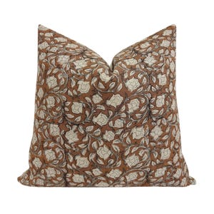 RALPH || Designer Floral Linen Pillow Cover, Rust and Sage Floral Pillow Cover, Block Print Linen Pillow,  Floral Pillow, Fall Pillow