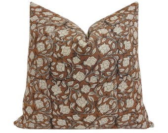 RALPH || Designer Floral Linen Pillow Cover, Rust and Sage Floral Pillow Cover, Block Print Linen Pillow,  Floral Pillow, Fall Pillow