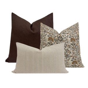 PILLOW COMBO || Set Of Three Designer Pillow Covers, Brown Linen Pillow, Floral Block Print Linen Pillow, Striped Pillow, Sofa Combo