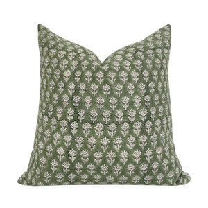 FINN || Green Floral Linen Pillow Cover, Hand Block Pillow Cover, Green Pillow, Floral Pillow