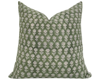 FINN || Green Floral Linen Pillow Cover, Hand Block Pillow Cover, Green Pillow, Floral Pillow