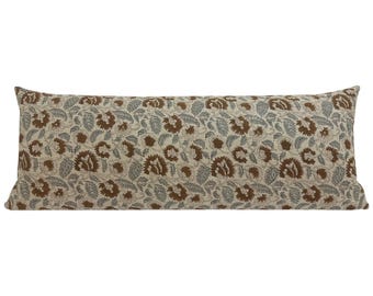 Nelly || Designer Floral Linen Pillow Cover, Brown and Blue Floral Pillow Cover, Block Print Linen Pillow, Small Floral Pillow, Fall Pillow