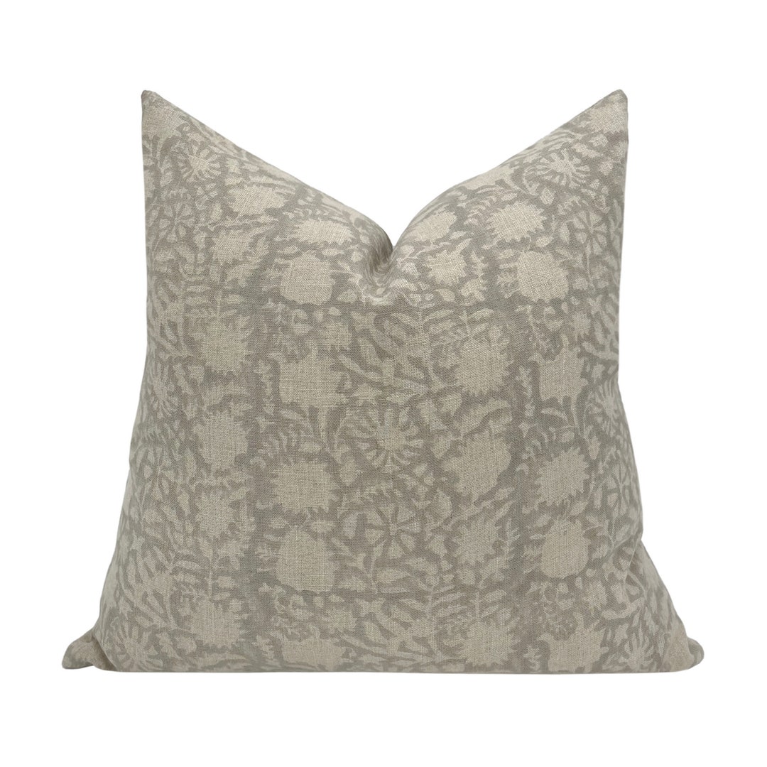 MAXTON Designer Floral Linen Pillow Cover, Gray Floral Pillow, Block