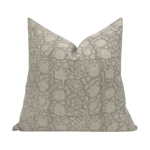 MAXTON || Designer Floral Linen Pillow Cover, Gray Floral Pillow, Block Print Pillow, Block Linen Pillow, Greige Pillow, Light Grey Pillow