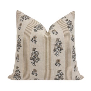 WREN || Designer Floral Linen Pillow Cover, Beige and Green Floral Pillow Cover, Block Print Linen Pillow, Striped Floral Pillow