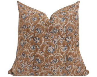HARRISON || Designer Floral Linen Pillow Cover, Brown and Blue Pillow, Hand Block Print Pillow, Block Linen Pillow, Dark Tan and Blue Pillow