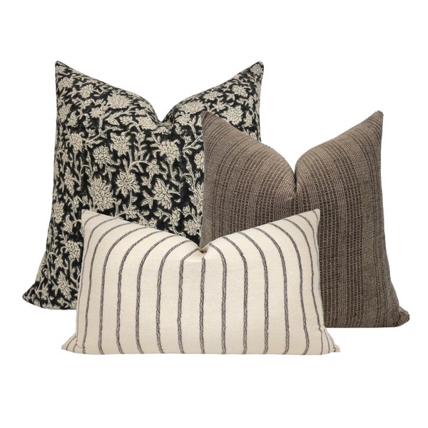 PILLOW COMBO || Set Of Three Pillow Covers, Black Floral Linen, Dark Brown Stripes and Cream with Black Stripes, Designer Pillow Covers