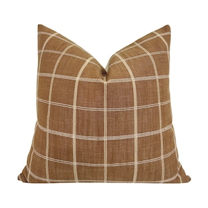 JUDE || Warm Brown Striped Pillow Cover, Designer Pillow, Textured Pillow, Windowpane Pillow Cover, Caramel Pillow
