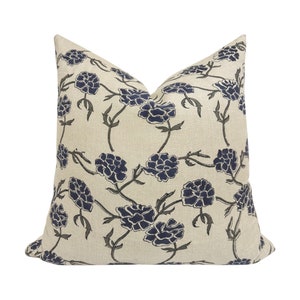 FIONA || Designer Floral Linen Pillow Cover, Blue Linen Floral, Block Print Pillow, Blue Flower Pillow, Spring Pillow