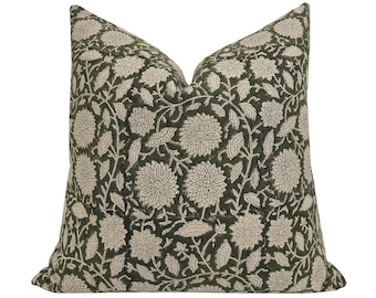 HENRY || Designer Floral Linen Pillow Cover, Green Floral Pillow Cover, Block Print Linen Pillow, Small Floral Pillow