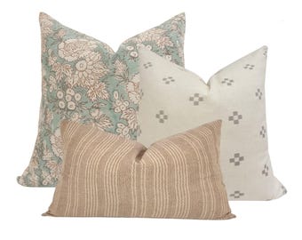 PILLOW COMBO || Set Of Three Pillow Covers, Blue Floral Linen, Brown Stripes, Sofa Pillow Set, Pillow Combo, Neutral Floral Pillow Combo