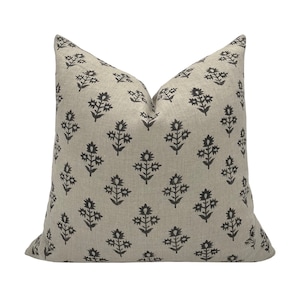 OWEN || Designer Floral Linen Pillow Cover, Black Floral Pillow, Block Print Pillow, Block Linen Pillow, Cream Pillow Black Floral
