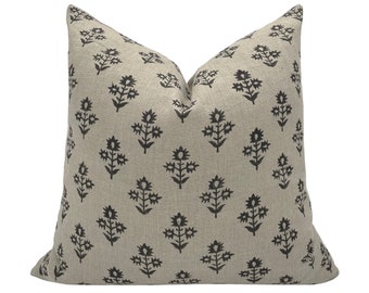 OWEN || Designer Floral Linen Pillow Cover, Black Floral Pillow, Block Print Pillow, Block Linen Pillow, Cream Pillow Black Floral