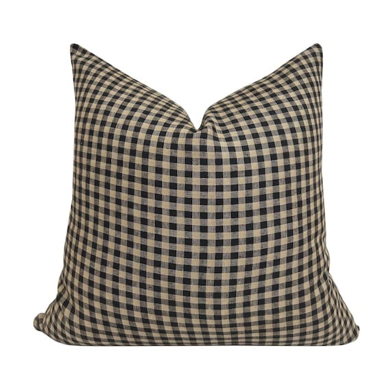 ROSCOE  || Designer Black Check Linen Pillow Cover, Black and Beige Gingham Pillow, Moody Pillow, Black Checkered Pillow, Fall Pillow Covers