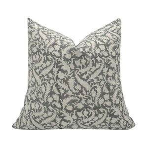 HARPER || Designer Floral Linen Pillow Cover, Soft Gray Floral Pillow Cover, Neutral Pillow, Block Print Pillow, Block Linen Pillow