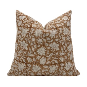VANESSA || Designer Floral Linen Pillow Cover,  Rust Hand block Pillow, Block Print Pillow, Neutral Home Decor, Rust Floral Pillow