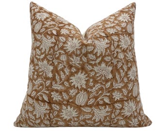 VANESSA || Designer Floral Linen Pillow Cover,  Rust Hand block Pillow, Block Print Pillow, Neutral Home Decor, Rust Floral Pillow