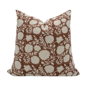 WINSLOW || Designer Brown Floral Linen Pillow Cover, Brown Handblock Pillow, Block Print Pillow, Brown and Beige Pillow