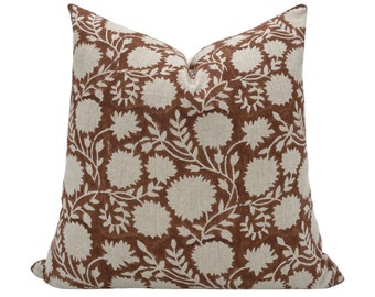 WINSLOW || Designer Brown Floral Linen Pillow Cover, Brown Handblock Pillow, Block Print Pillow, Brown and Beige Pillow
