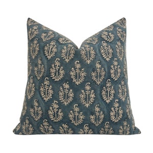 MILO || Designer Floral Linen Pillow Cover, Dark Blue Floral Pillow Cover, Block Print Pillow, Block Linen Pillow
