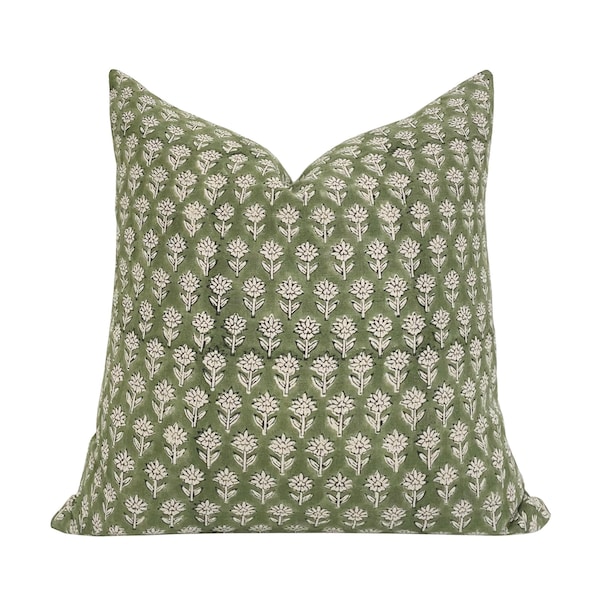 FINN || Green Floral Linen Pillow Cover, Hand Block Pillow Cover, Green Pillow, Floral Pillow