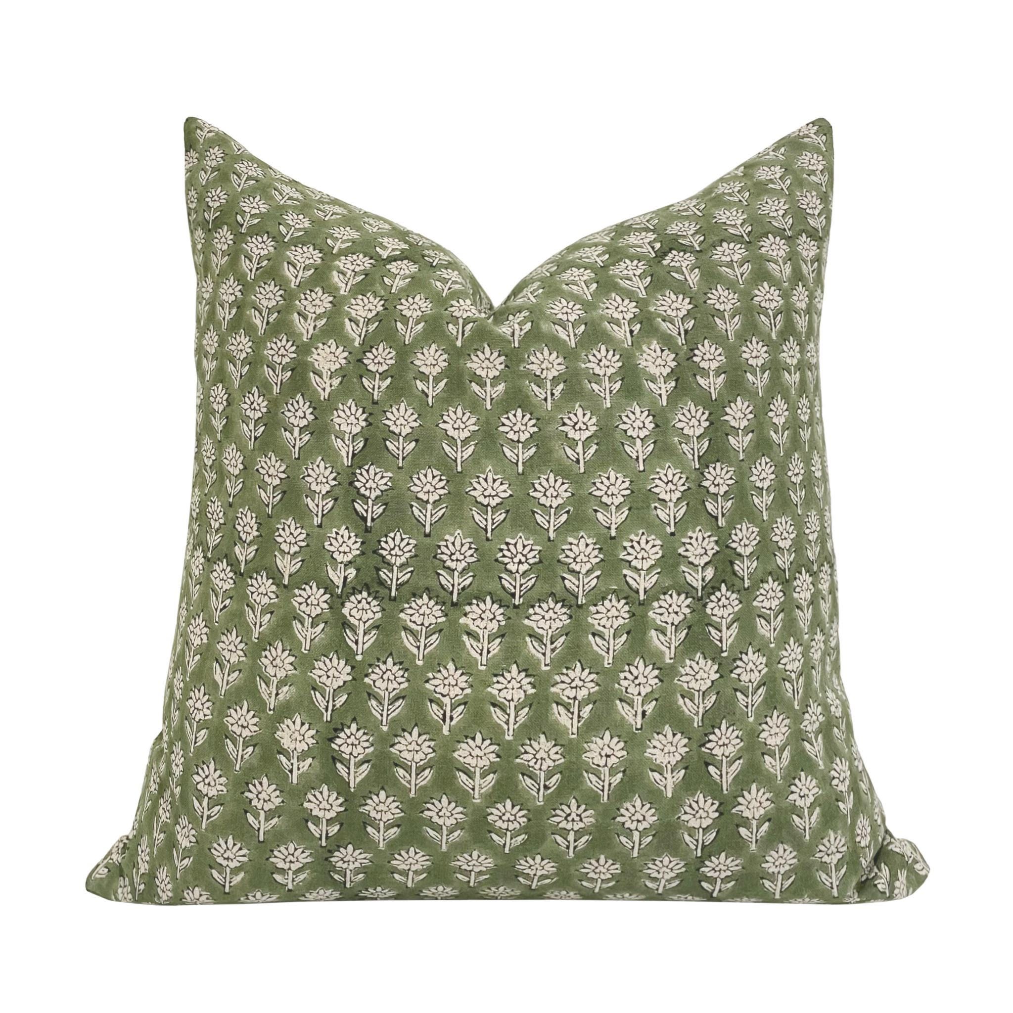FINN || Green Floral Linen Pillow Cover, Hand Block Pillow Cover, Green Pillow, Floral Pillow