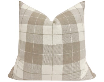 NATE || Neutral Windowpane Pillow Cover, Designer Pillow, Tan and White Pillow Cover, Taupe Plaid Pillow, Spring Pillow, Summer Pillow