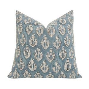 MILO || Designer Floral Linen Pillow Cover, Blue Floral Pillow Cover, Block Print Pillow, Block Linen Pillow