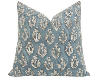 MILO || Designer Floral Linen Pillow Cover, Blue Floral Pillow Cover, Block Print Pillow, Block Linen Pillow