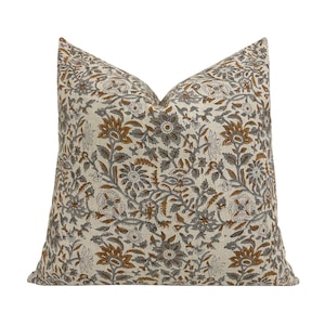 NAOMI || Designer Floral Linen Pillow Cover, Brown and Gray Floral Pillow Cover, Block Print Linen Pillow, Small Floral Pillow